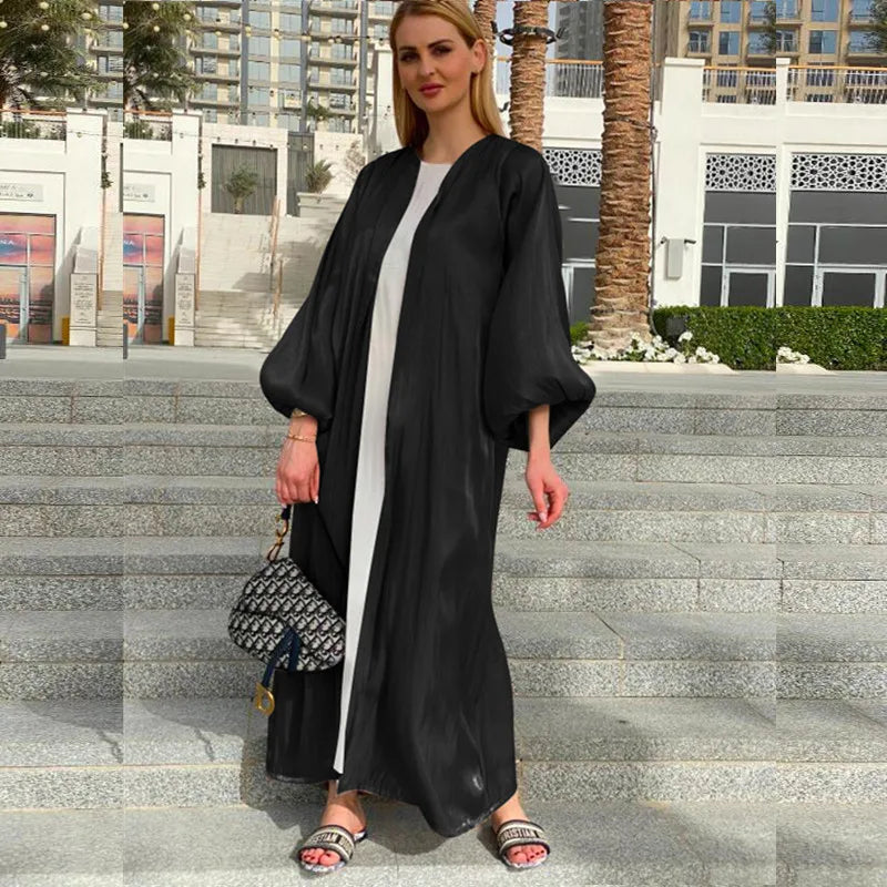 Plus Size Eid Djellaba Open Abaya with Belt Soft Cuff Sleeves Muslim Dress