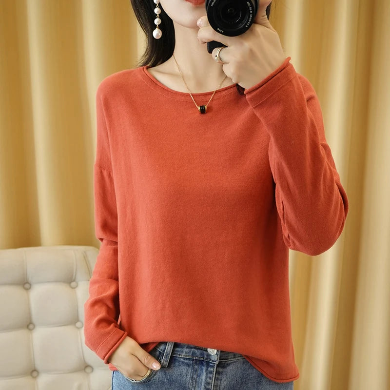 Cotton O-Neck Pullover Knit Sweater