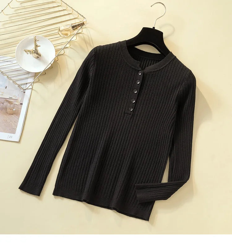 Button Basic Slim Knitted Pullover Sweater