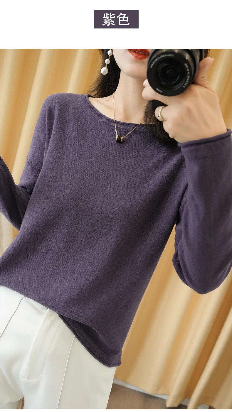 Cotton O-Neck Pullover Knit Sweater