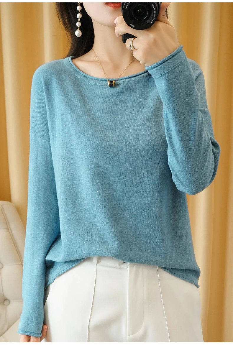 Cotton O-Neck Pullover Knit Sweater