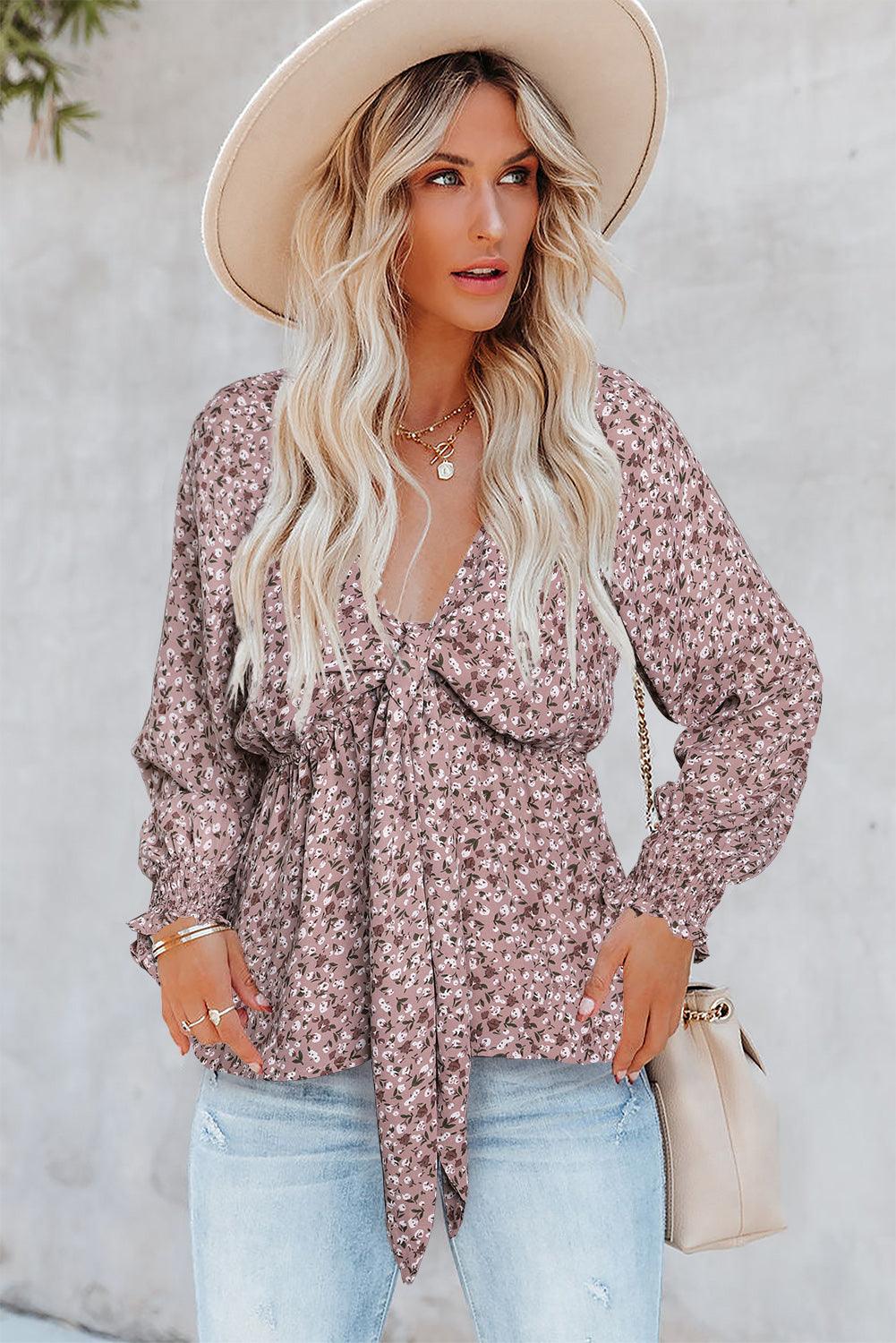 Front Long Sleeve Floral Print Summer Blouse for Women