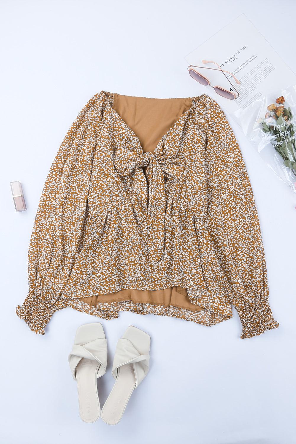Floral Ruffled Long Sleeve Blouse with Front Tie for Women