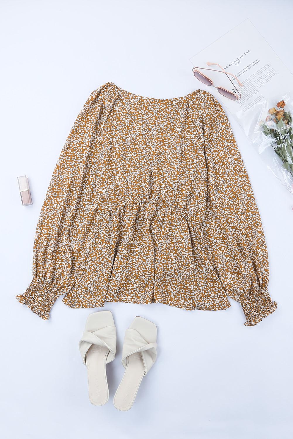 Floral Ruffled Long Sleeve Blouse with Front Tie for Women