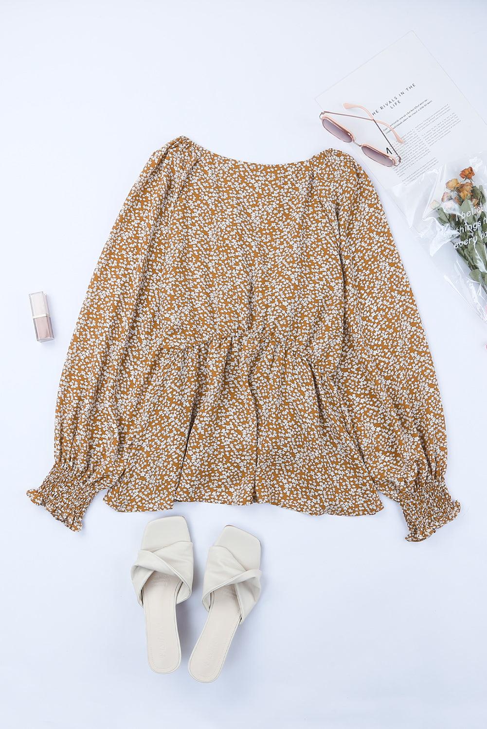 Front Long Sleeve Floral Print Summer Blouse for Women