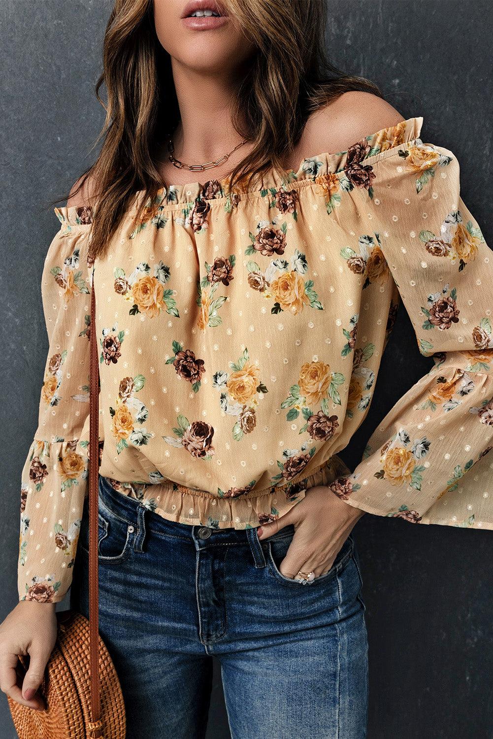Floral Long Bell Sleeves Crop Top for Women - Yellow