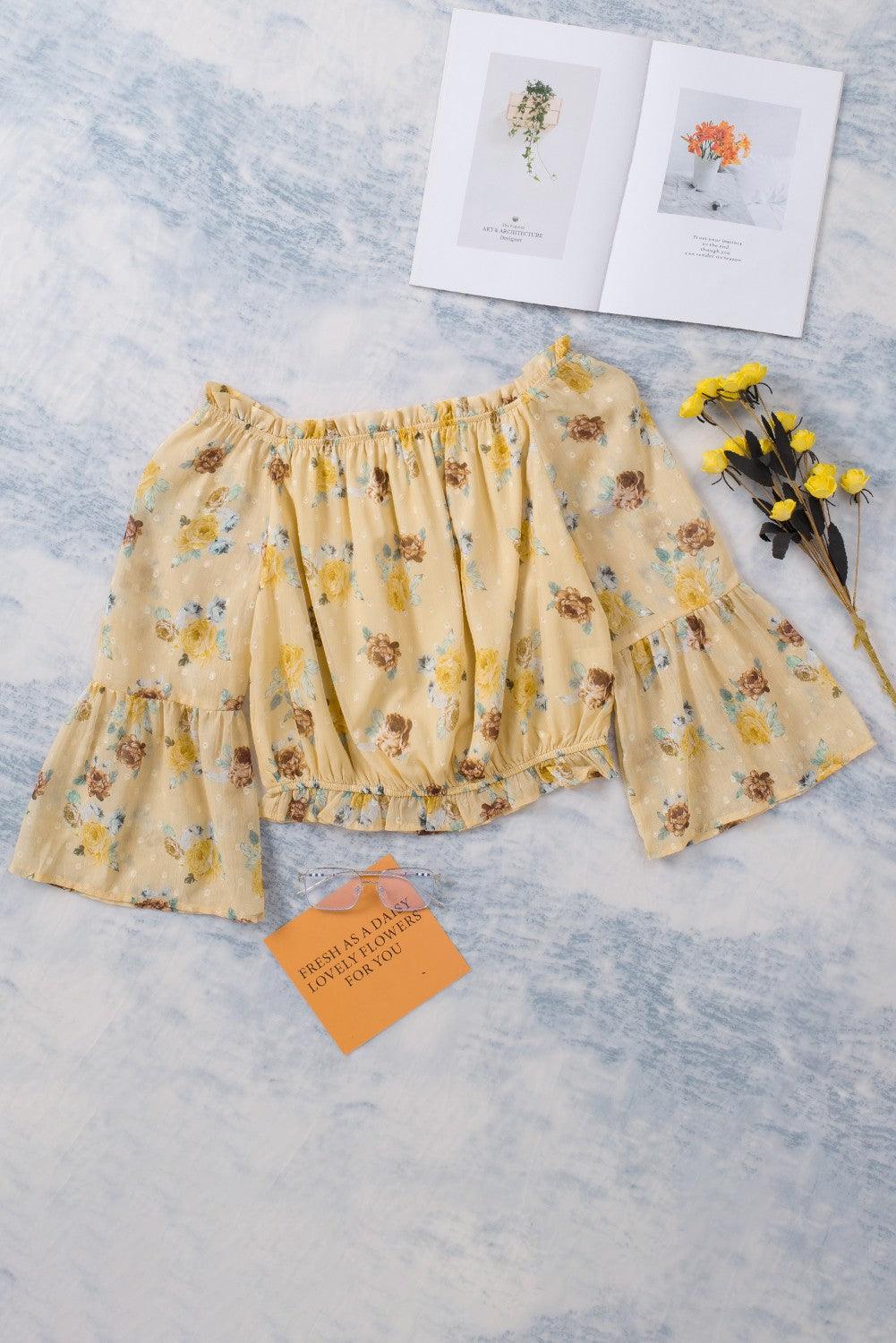 Floral Long Bell Sleeves Crop Top for Women - Yellow