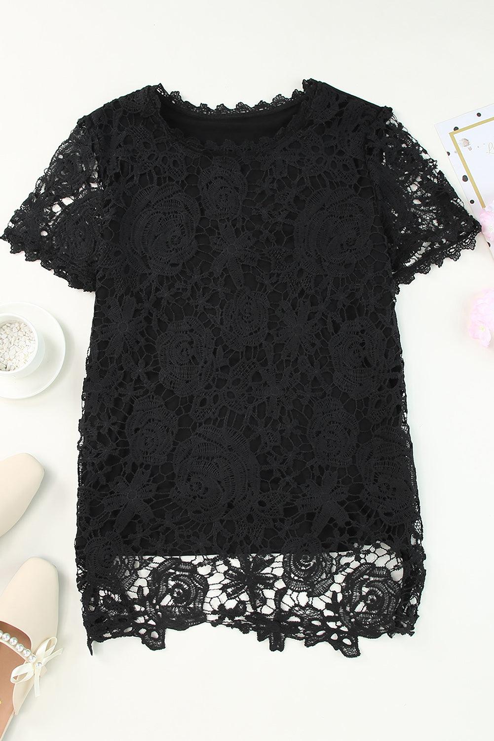 Lace Short Sleeve Summer Black Top for Women