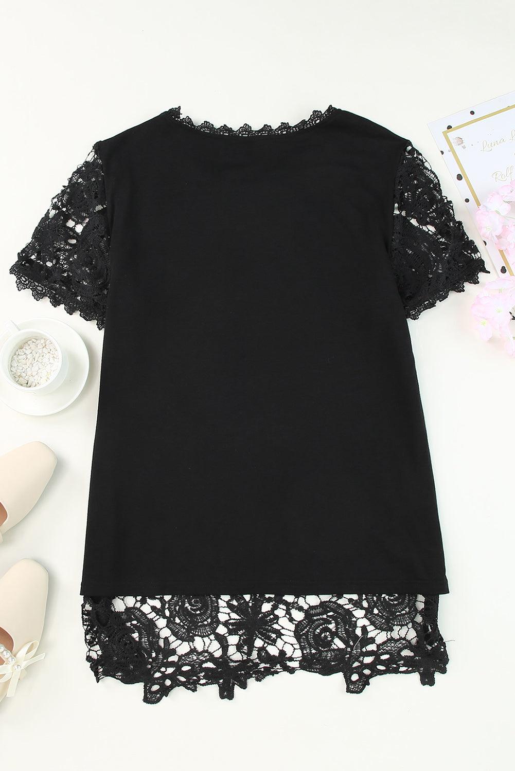 Lace Short Sleeve Summer Black Top for Women