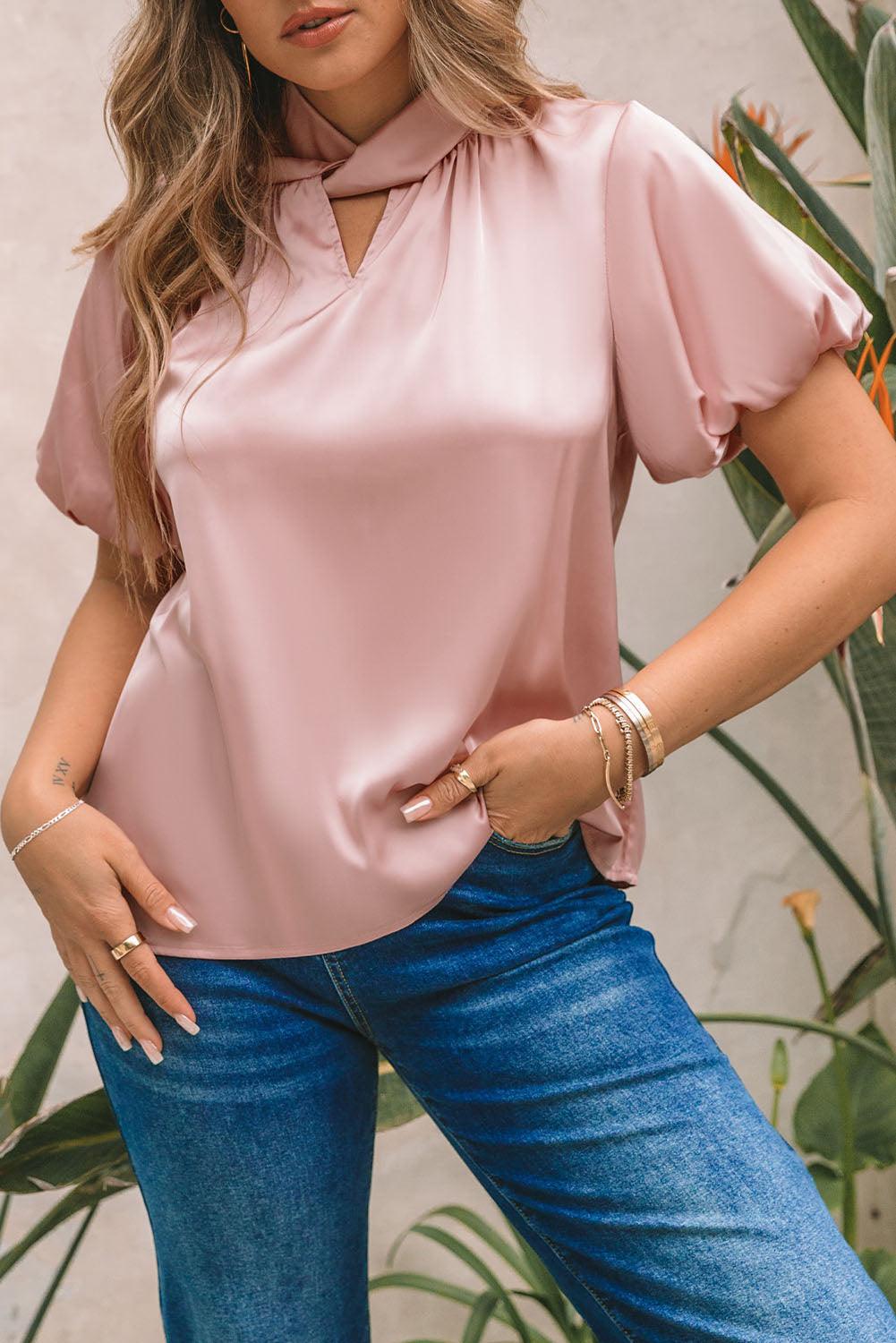 Rose Gold High Neck Puff Sleeve Satin Blouse for Women