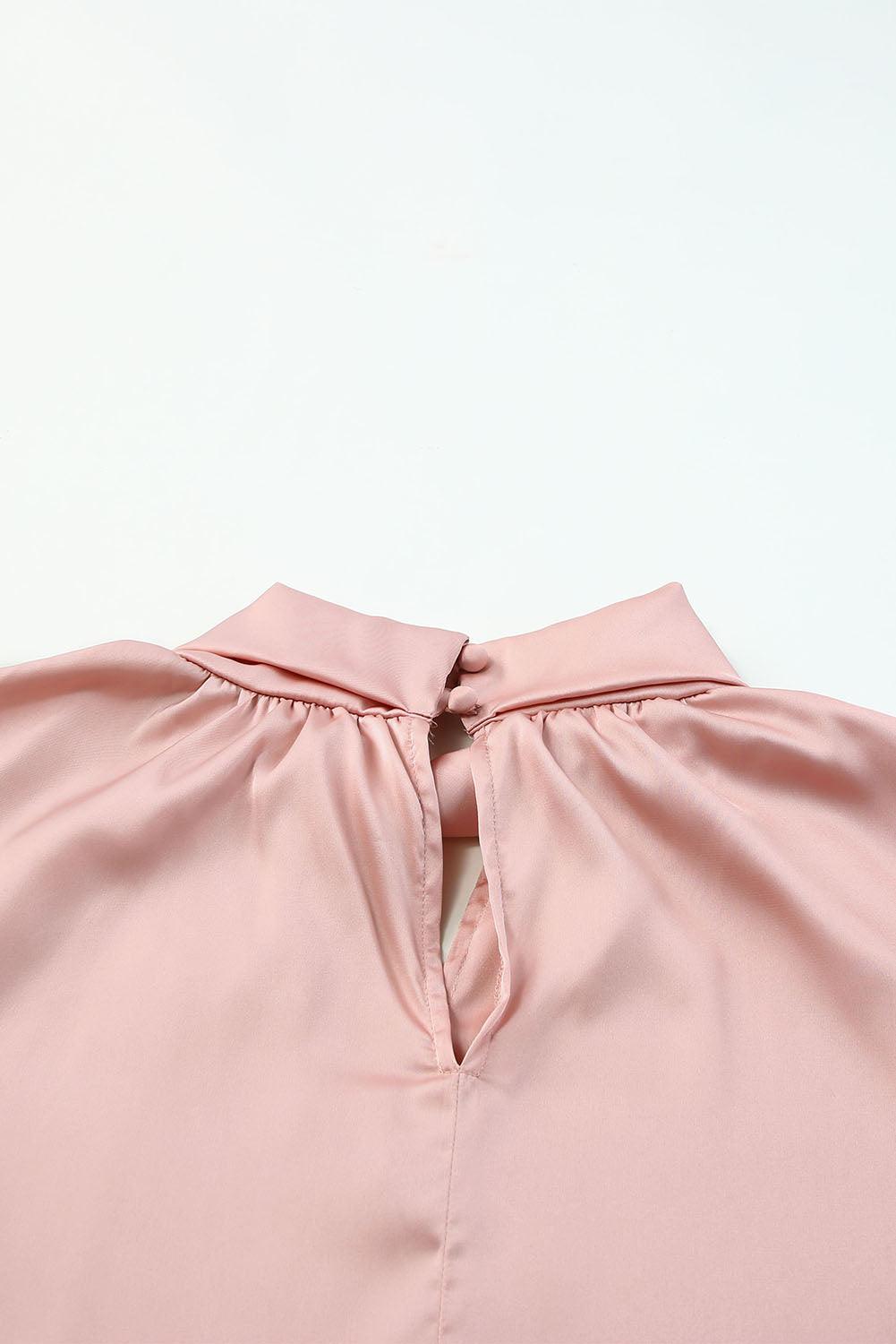 Rose Gold High Neck Puff Sleeve Satin Blouse for Women