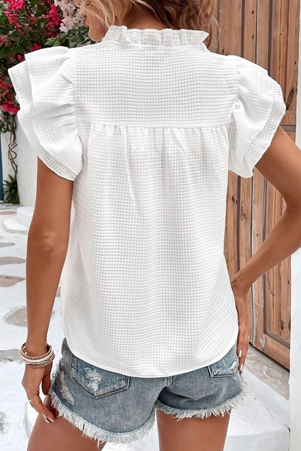 Flutter Sleeve Notch Neck Summer Blouse Top for Women