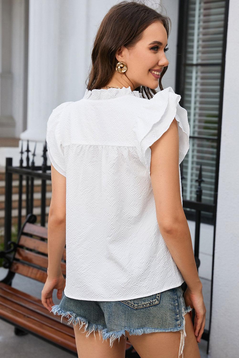 Flutter Sleeve Notch Neck Summer Blouse Top for Women