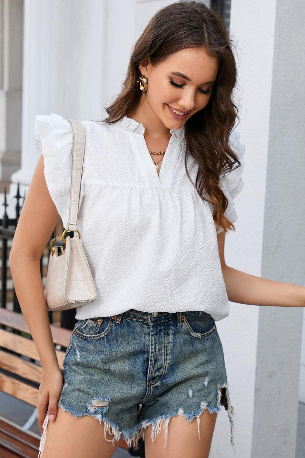 Flutter Sleeve Notch Neck Summer Blouse Top for Women