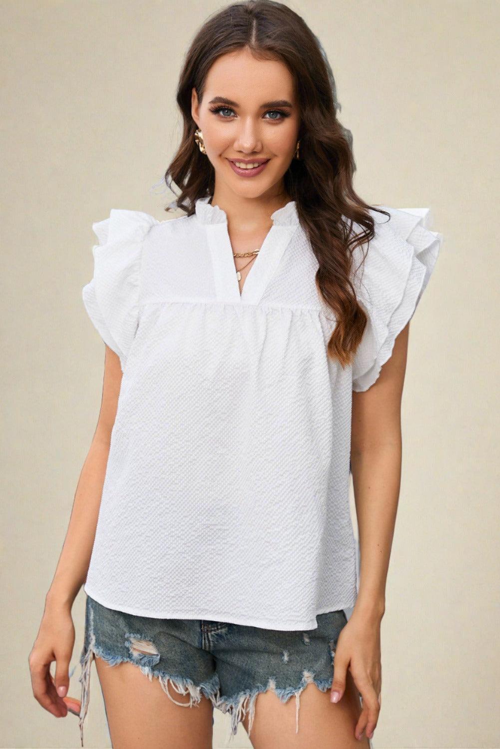 Flutter Sleeve Notch Neck White Summer Top for Women