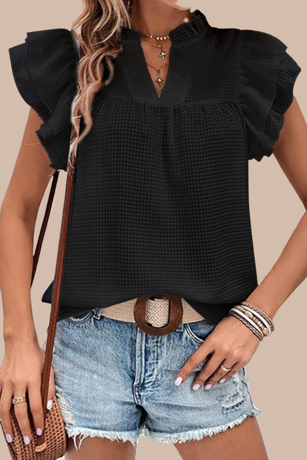 Flutter Sleeve Notch Neck Summer Black Blouse Top