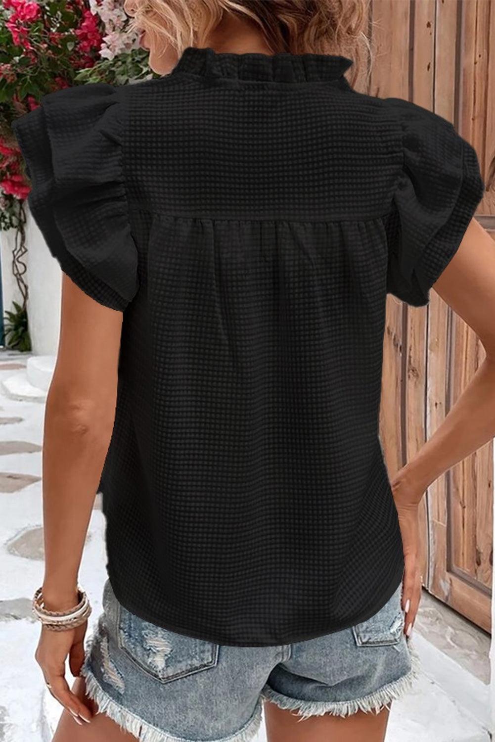 Flutter Sleeve Notch Neck Summer Blouse Top for Women