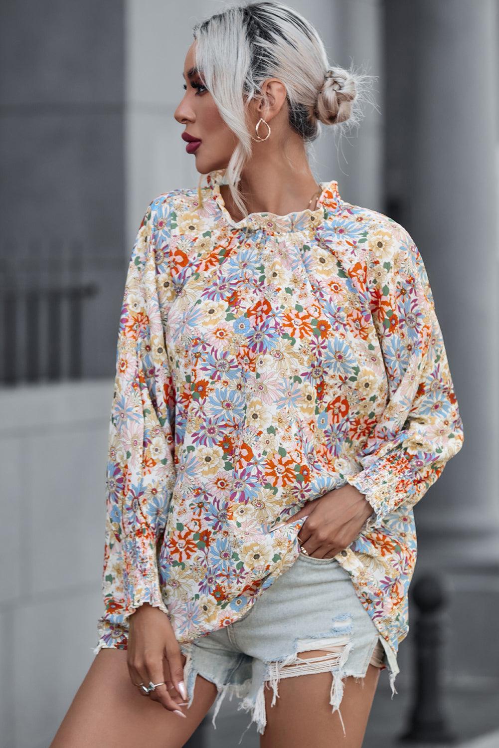 Shirred Cuffs Bubble Sleeve Floral Blouse for Women