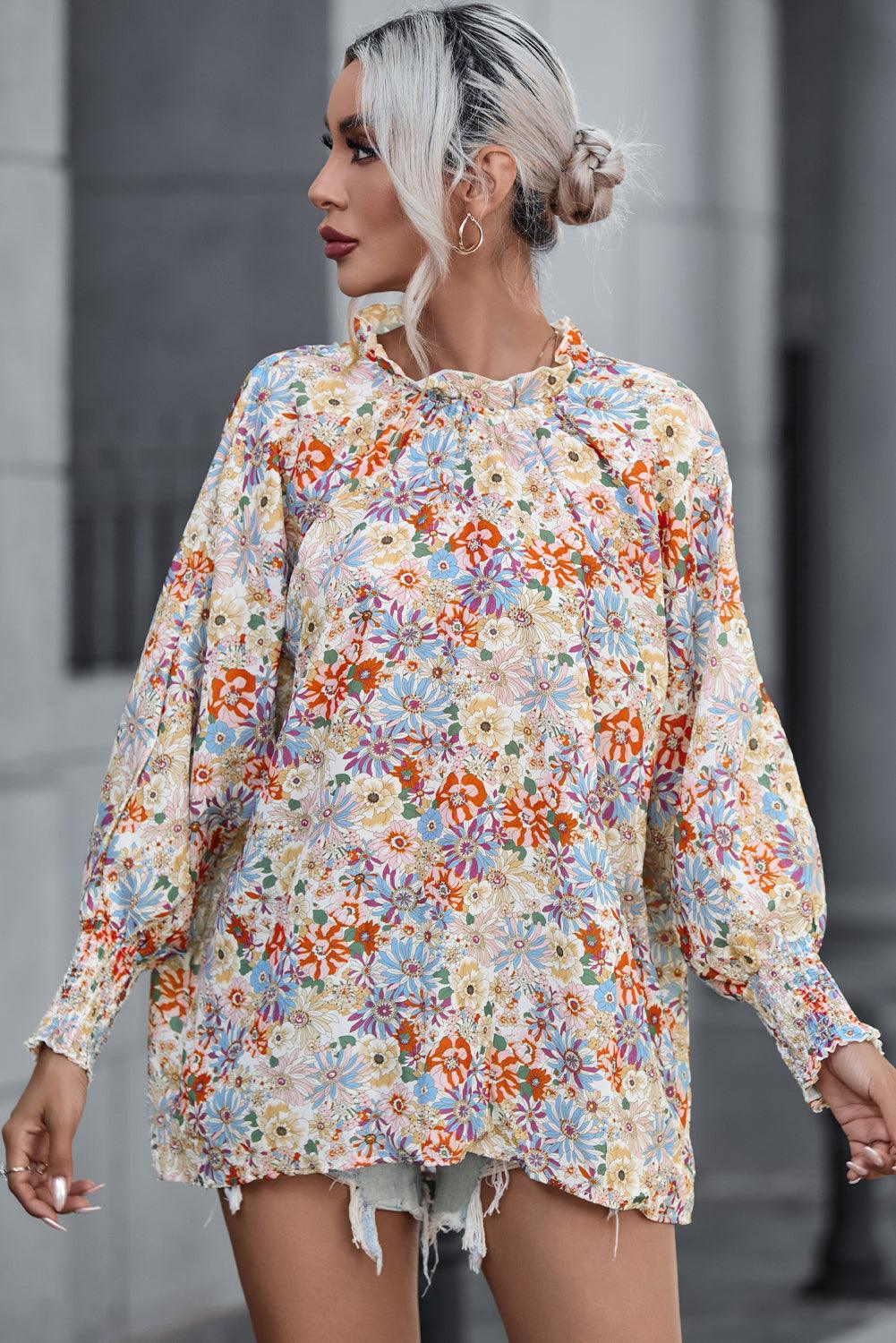 Shirred Cuffs Bubble Sleeve Floral Blouse for Women
