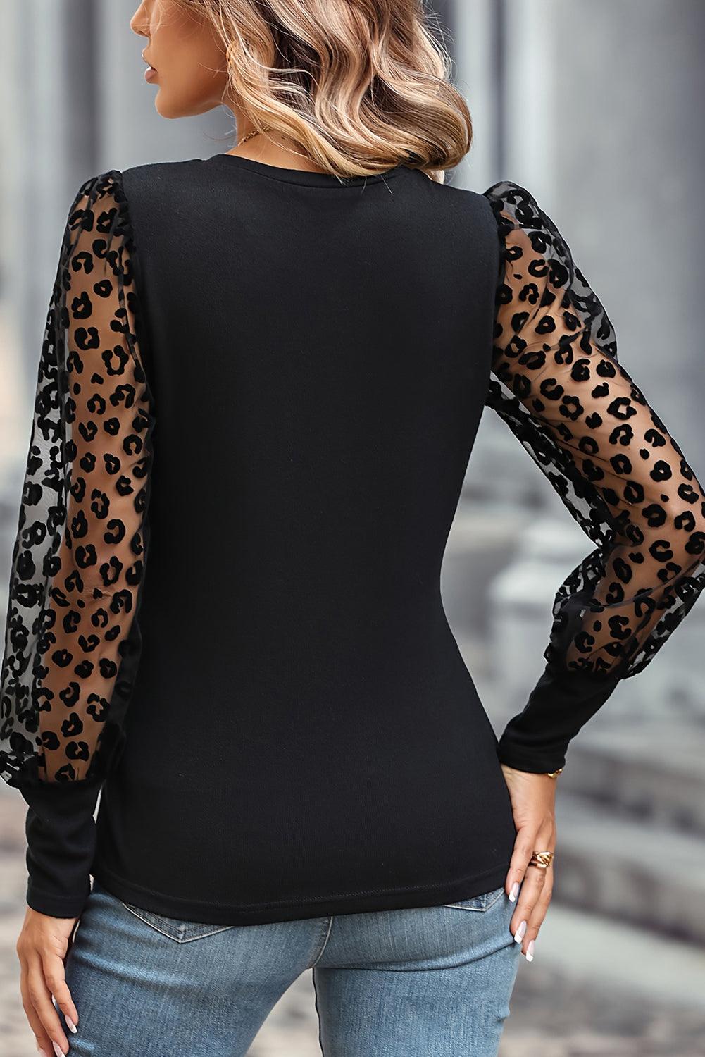 Black Puff Sleeve Leopard Mesh Slim Fit Top