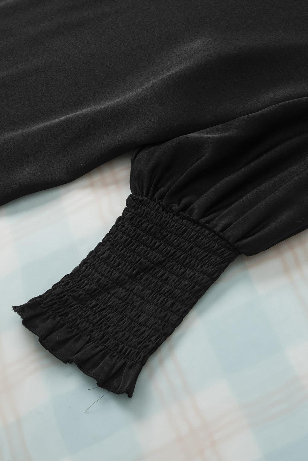 Black Shirred Dolman Sleeve Satin Blouse for Women