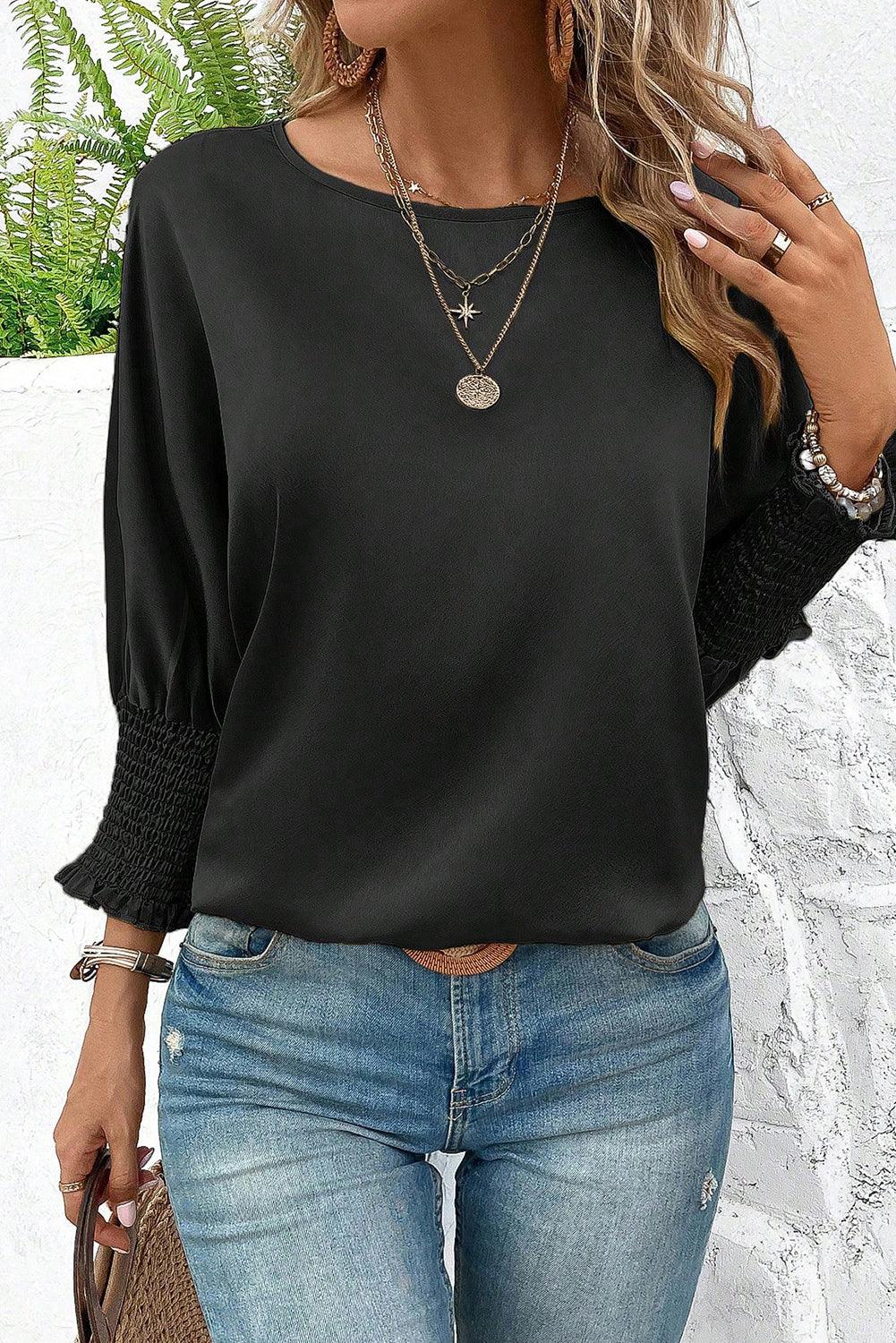 Black Shirred Dolman Sleeve Satin Blouse for Women