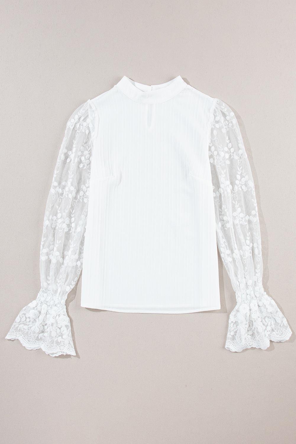 White Contrast Lace Sleeve Mock Neck Textured Blouse for Women