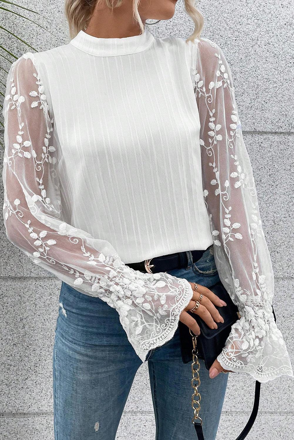 Lace Sleeve Mock Neck Textured Blouse for Women