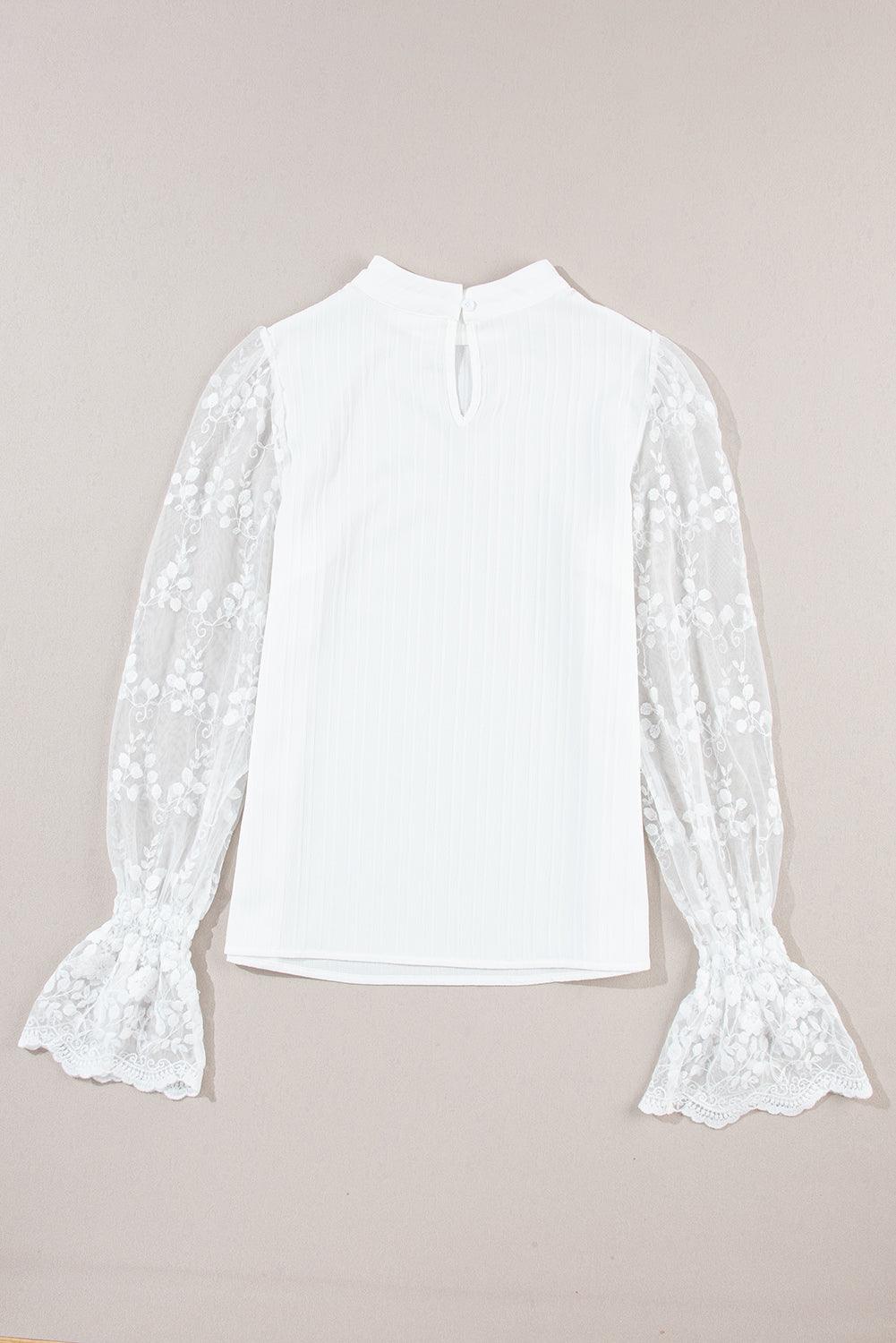 White Contrast Lace Sleeve Mock Neck Textured Blouse for Women