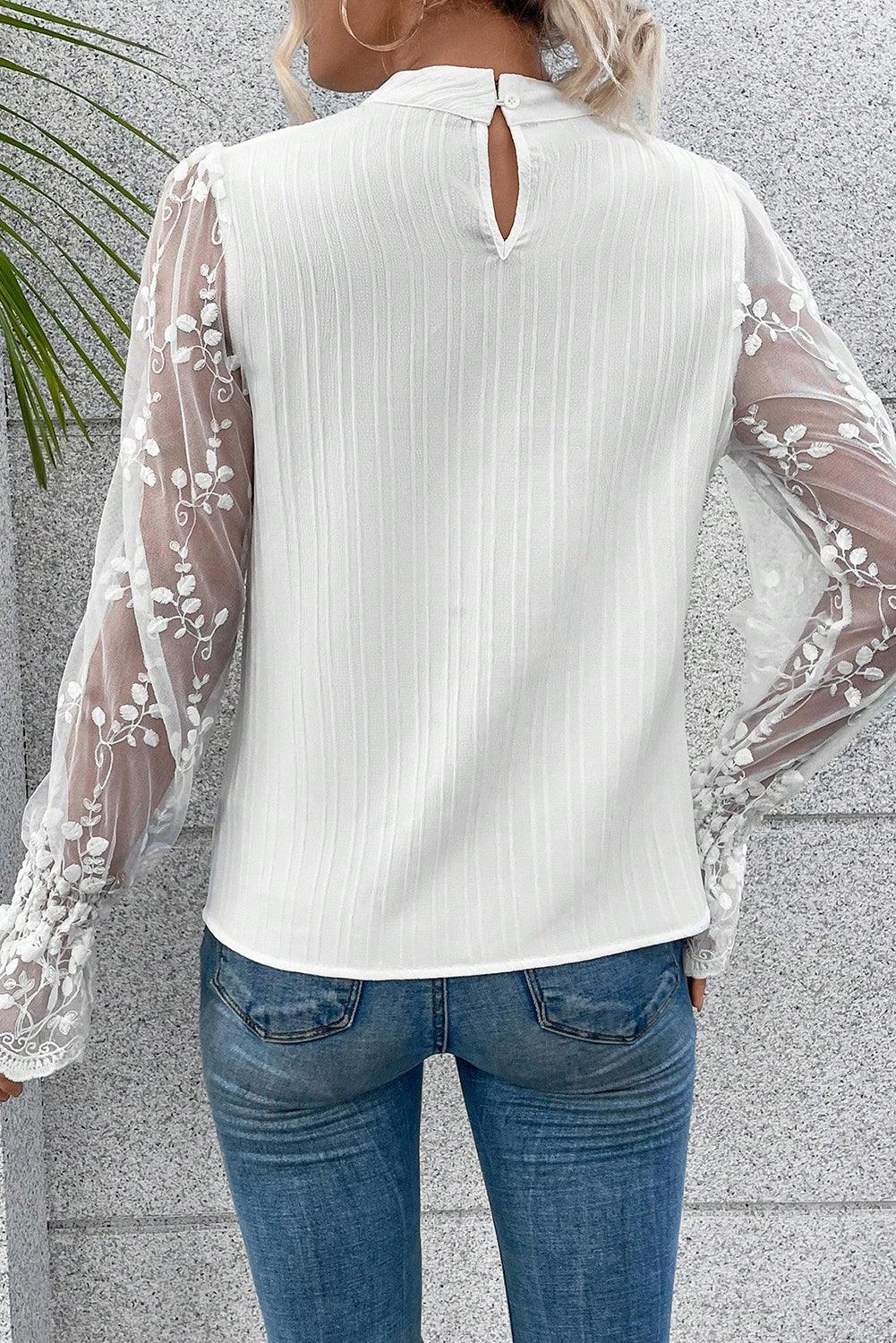 Lace Sleeve Mock Neck Textured Blouse for Women