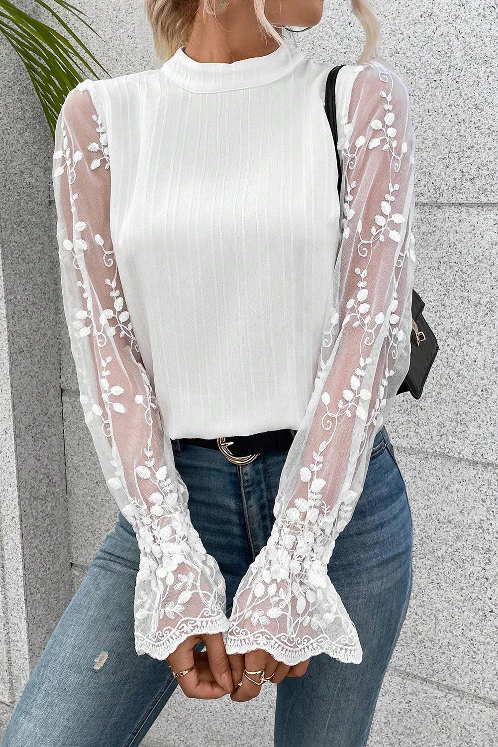 Lace Sleeve Mock Neck Textured Blouse for Women