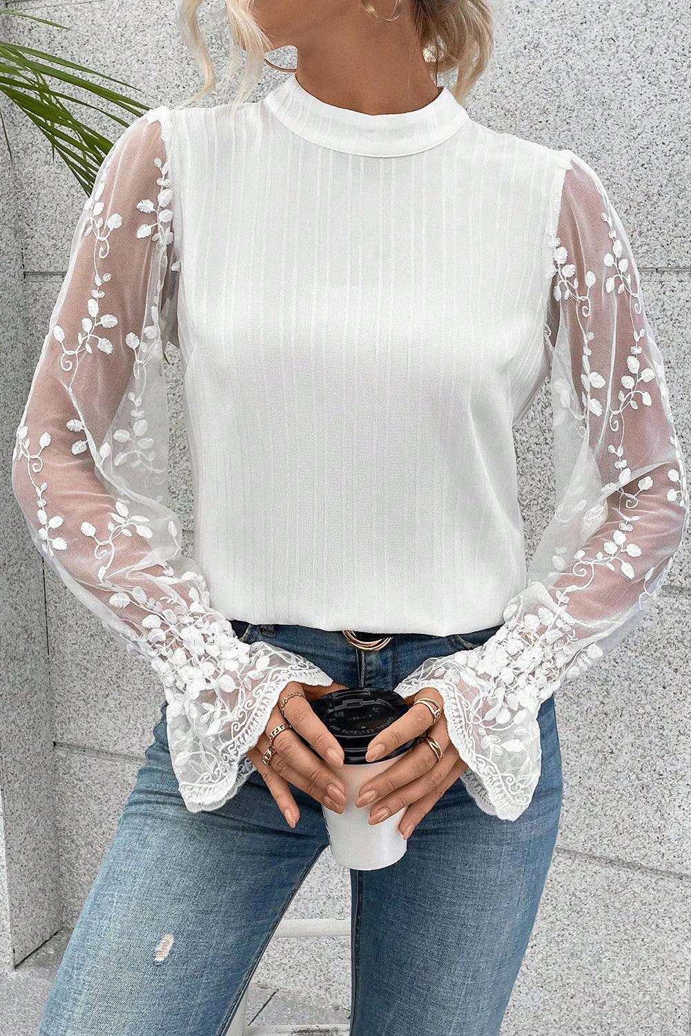 Lace Sleeve Mock Neck Textured Blouse for Women