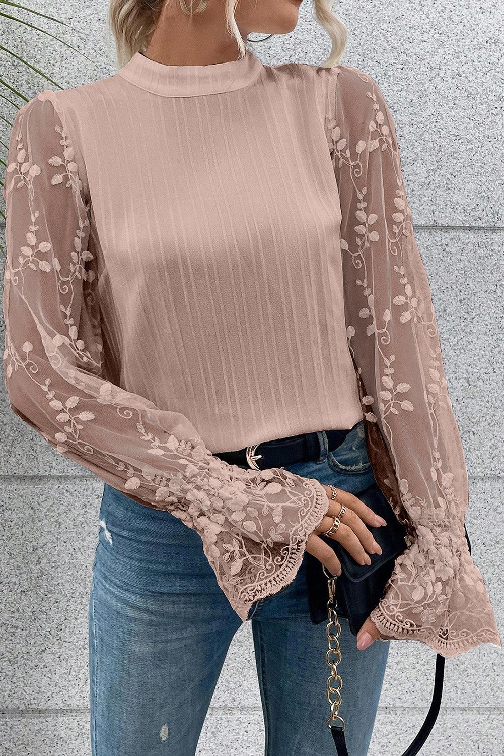 Mock Neck Lace Full Sleeve Blouse - Apricot Pink