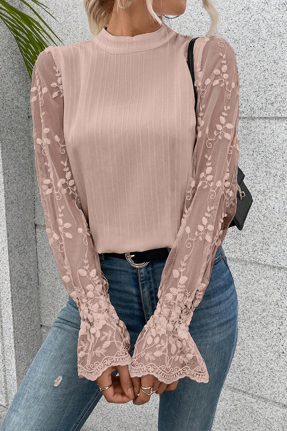 Lace Sleeve Mock Neck Textured Blouse for Women