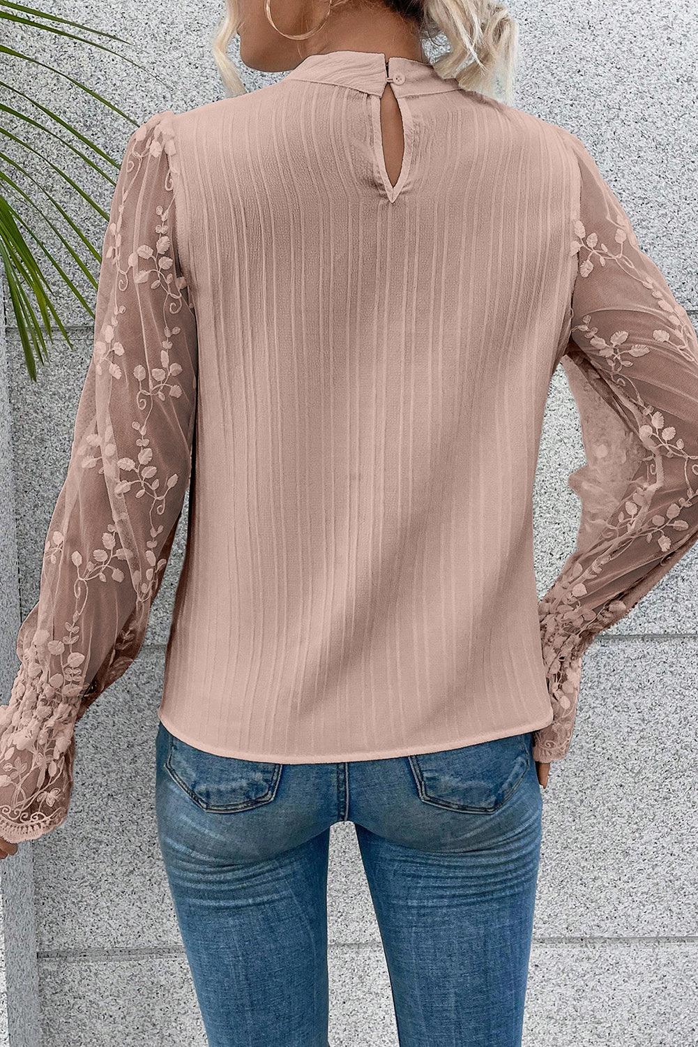 Lace Sleeve Mock Neck Textured Blouse for Women