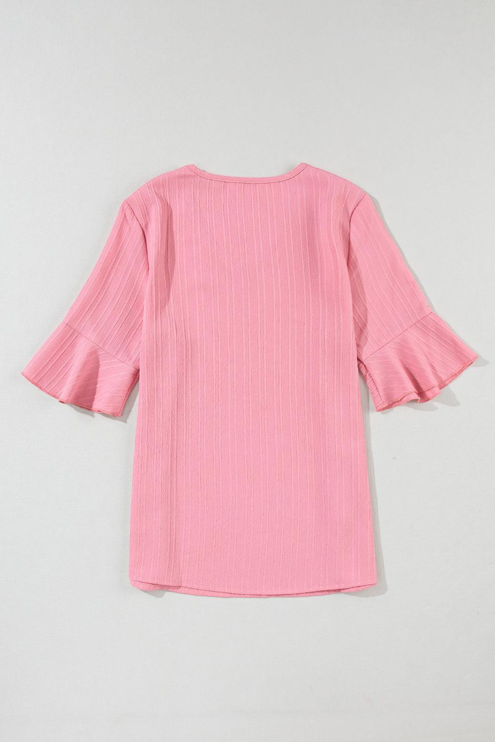 Peach Blossom Ruffled Half Sleeve V Neck Textured Top for Ladies