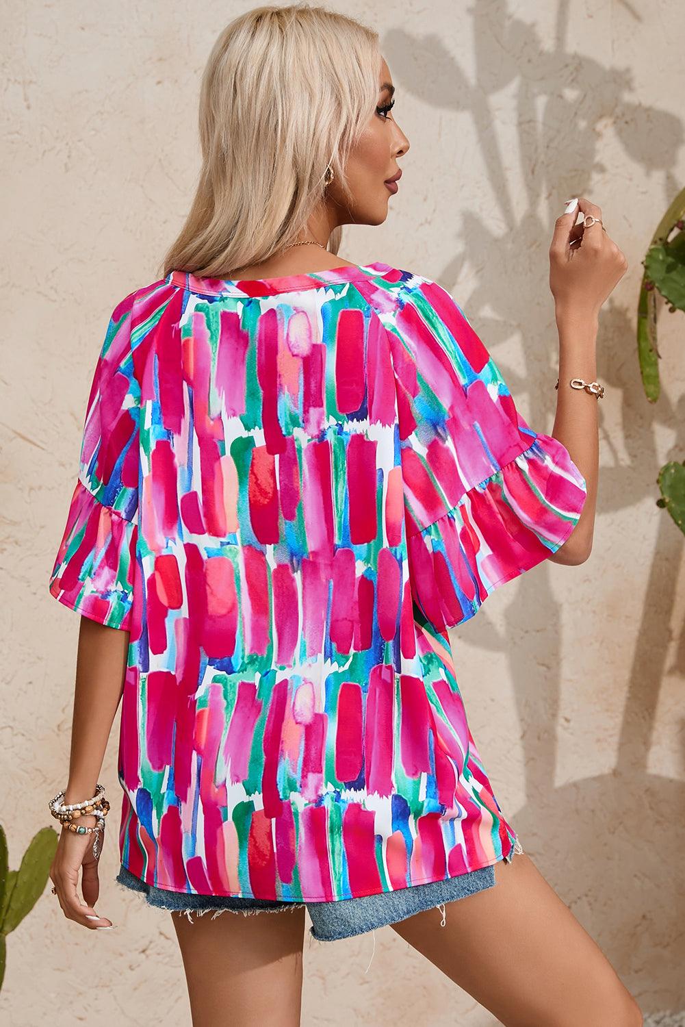 Abstract Hot Pink Brushwork Print Buttoned V Neck Summer Blouse
