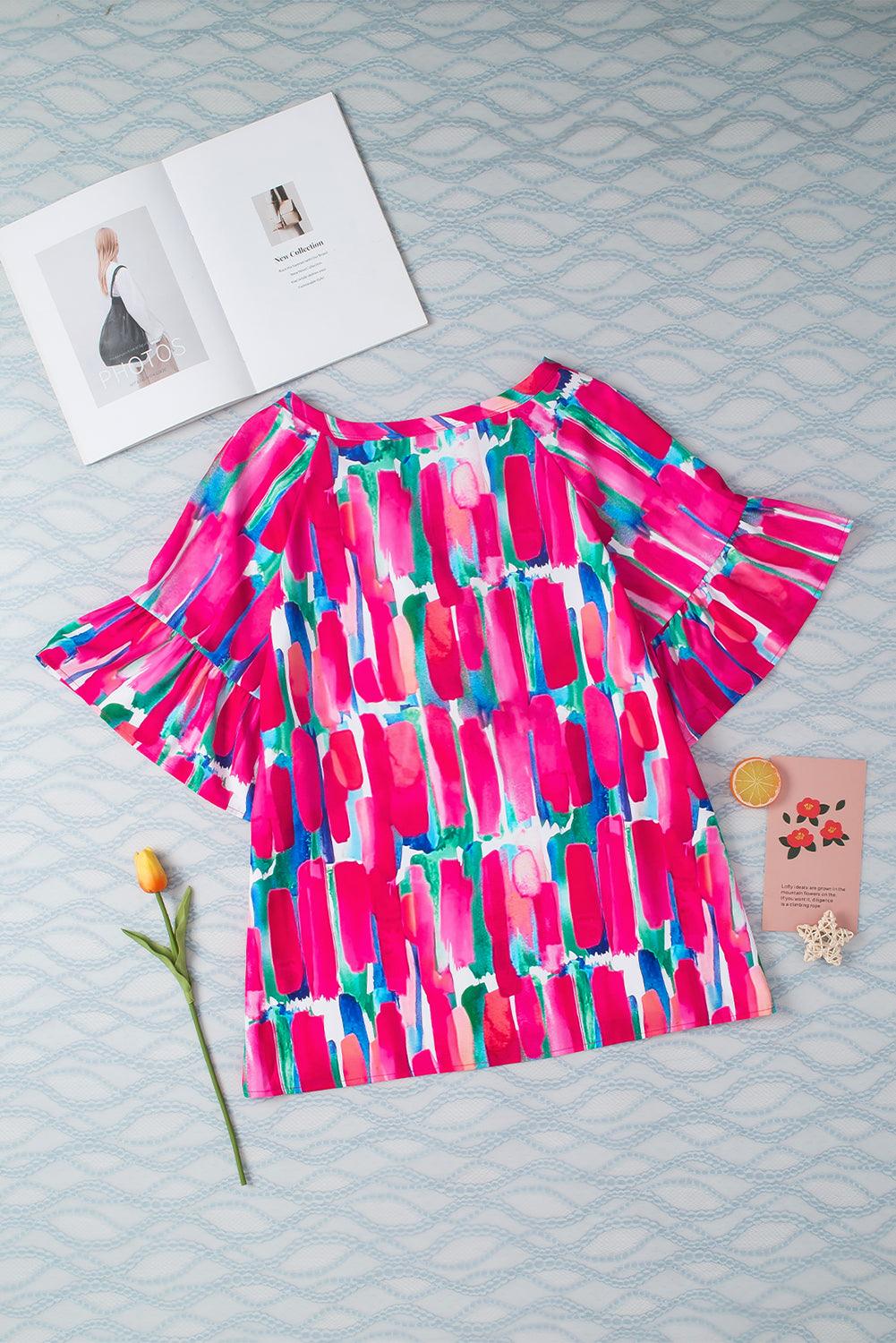 Abstract Hot Pink Brushwork Print Buttoned V Neck Summer Blouse