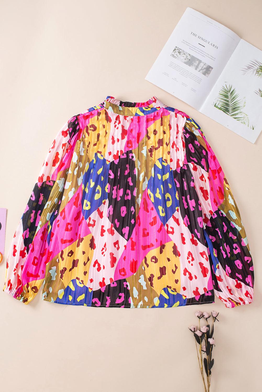 Rose Leopard Patchwork Printed Pleated Pink Blouse