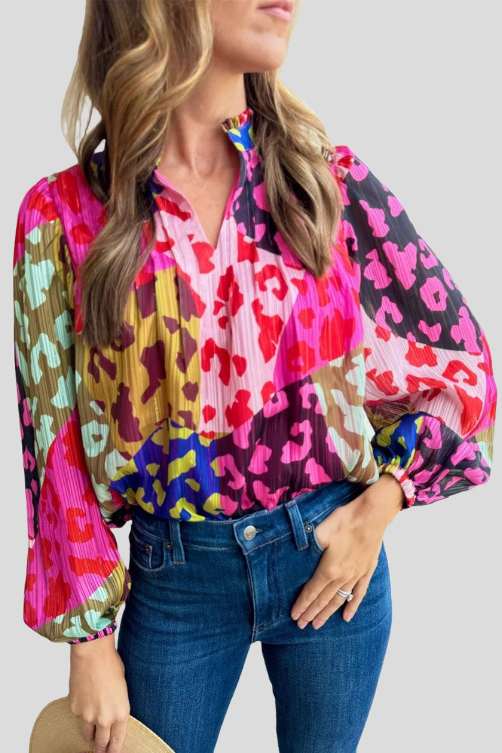 Patchwork Printed Pleated Blouse Top - Rose Pink