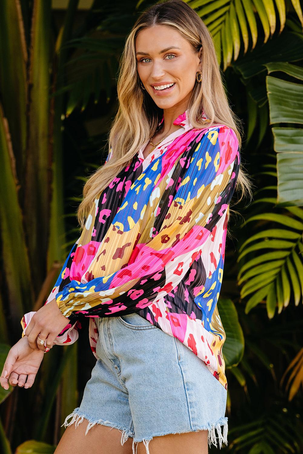 Printed Long Sleeve Pleated Summer Blouse Top