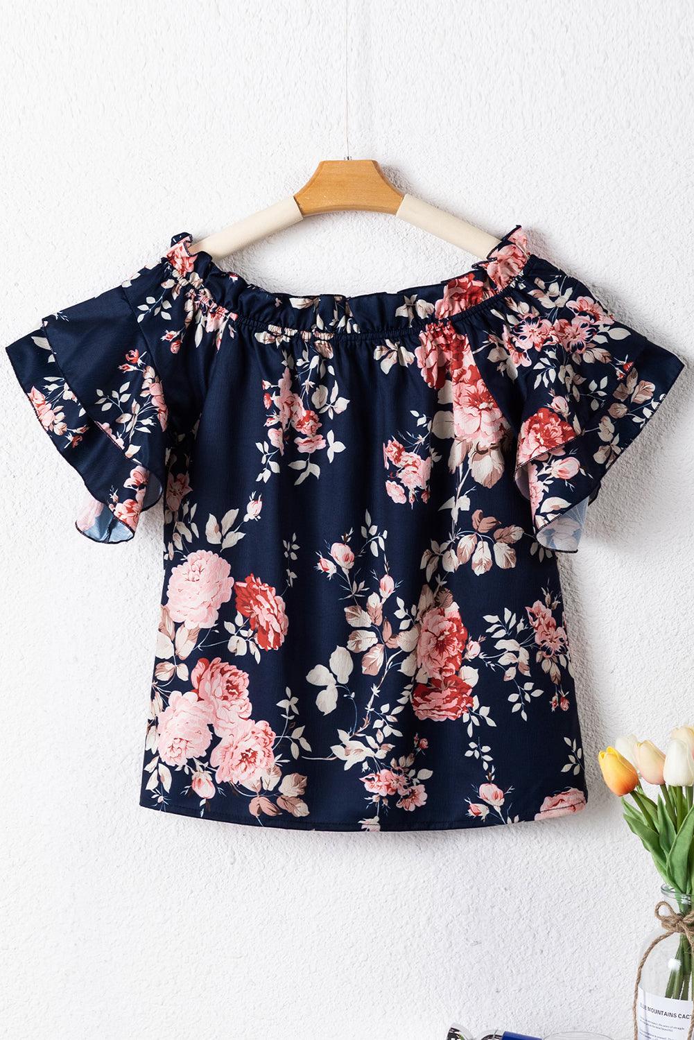 お礼や感謝伝えるプチギフト Shoulder Off Ruffle Blue Flounce Normendy – Blouse Floral Sleeve トップス