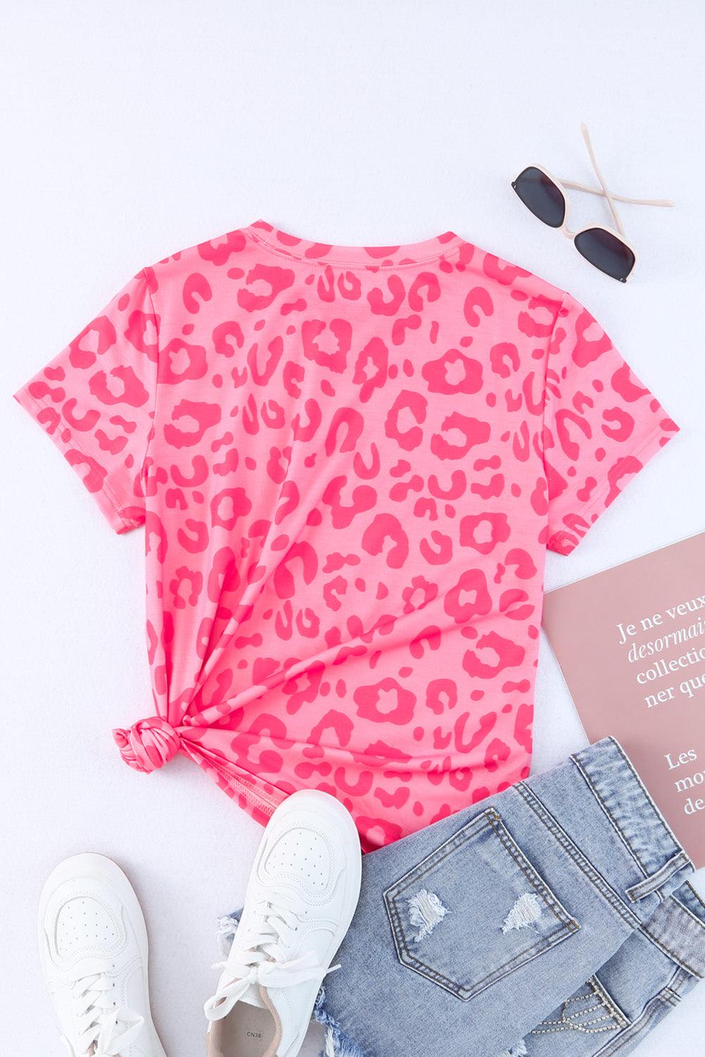 Leopard  Print Crew Neck Pink T Shirt for Ladies