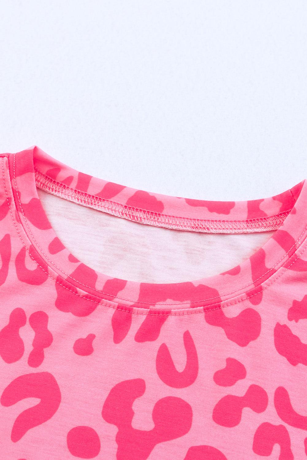 Leopard  Print Crew Neck Pink T Shirt for Ladies