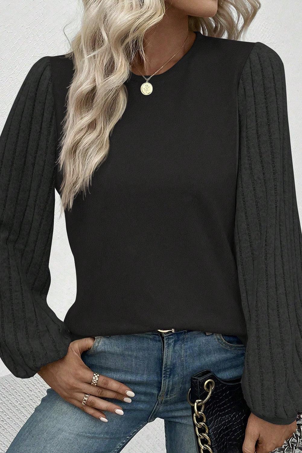 Knitted Long Sleeve Black Crew Neck Top
