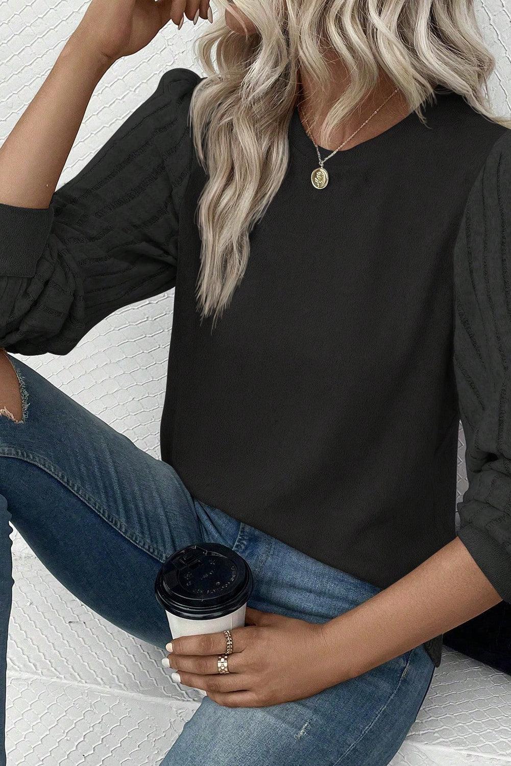 Black Knitted Long Sleeve Stretchy Crew Neck Top