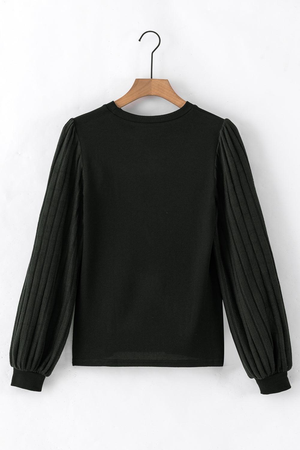 Black Knitted Long Sleeve Stretchy Crew Neck Top