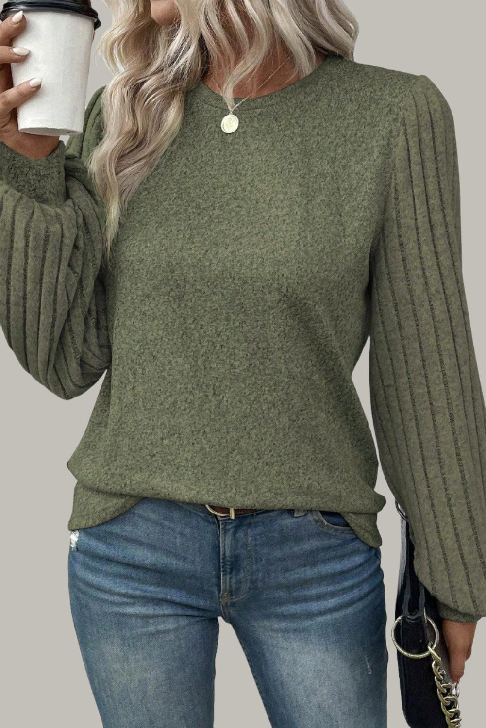 Knitted Long Sleeve Crew Neck Top- Jungle Green