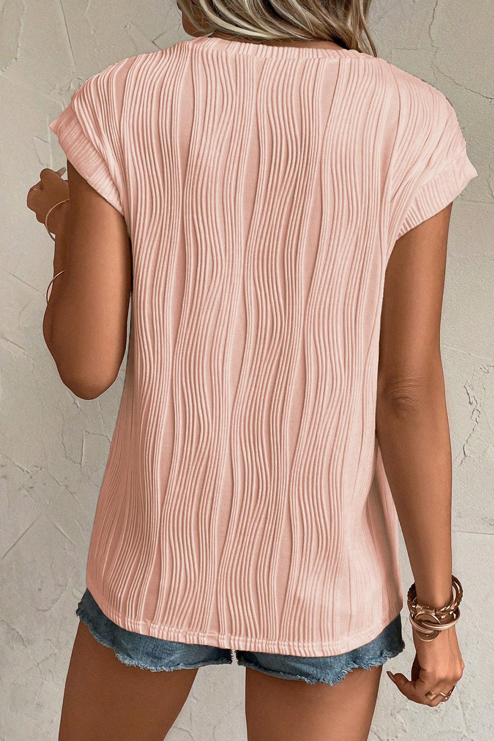 Wavy Texture Cap Sleeve Mock Neck Top for Women