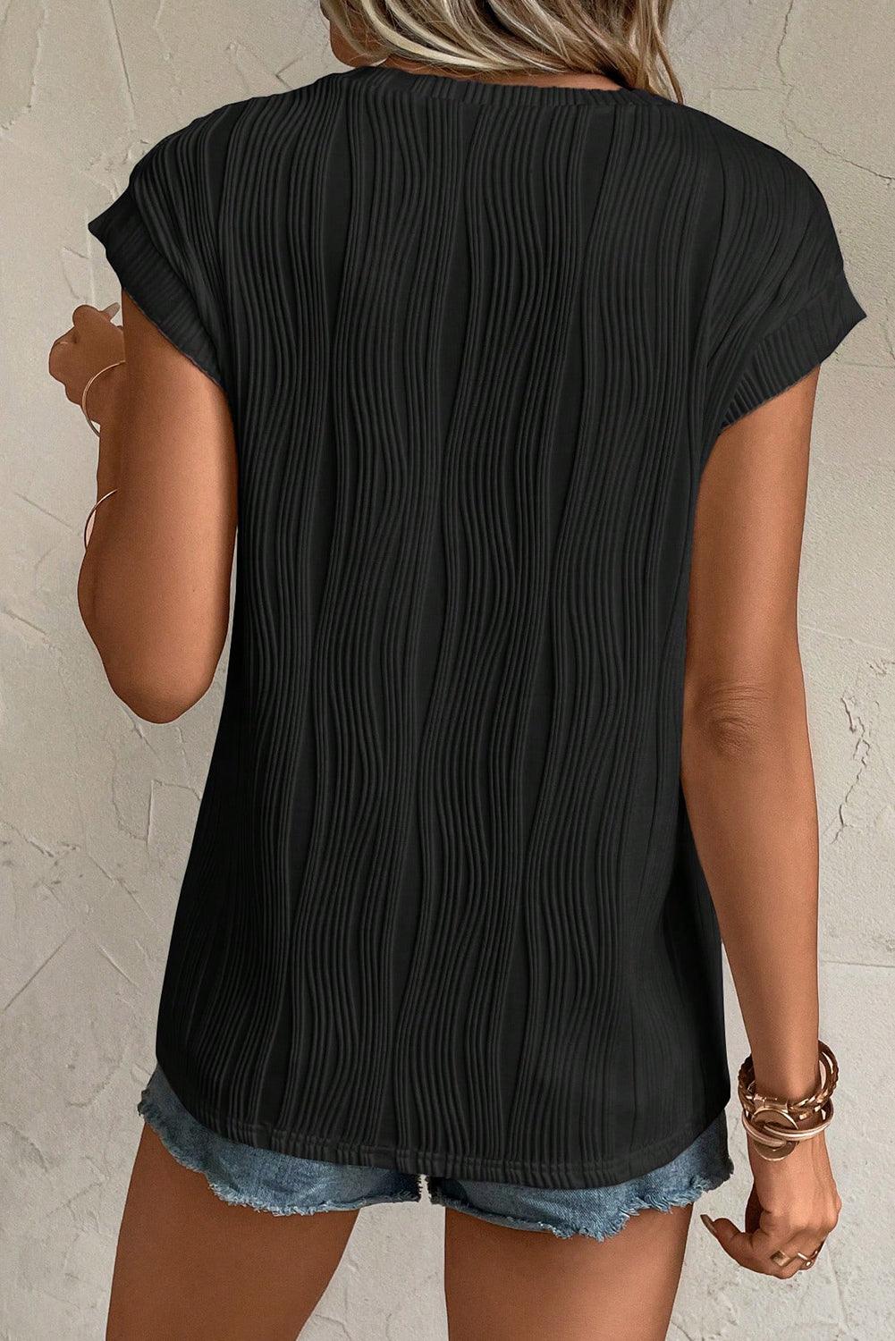 Black Wavy Texture Cap Sleeve Top for Women